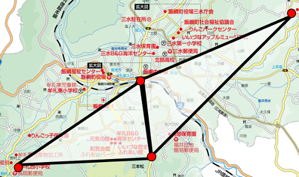 飯綱町における拠点連携。3拠点に囲まれた２つの中核エリアを基礎とする地域創生。境教授・後藤大輝・橋本彩羽らが作成