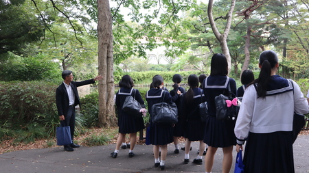 キャンパスツアーでは、成城大学の自然豊かなところを見ていただきました。